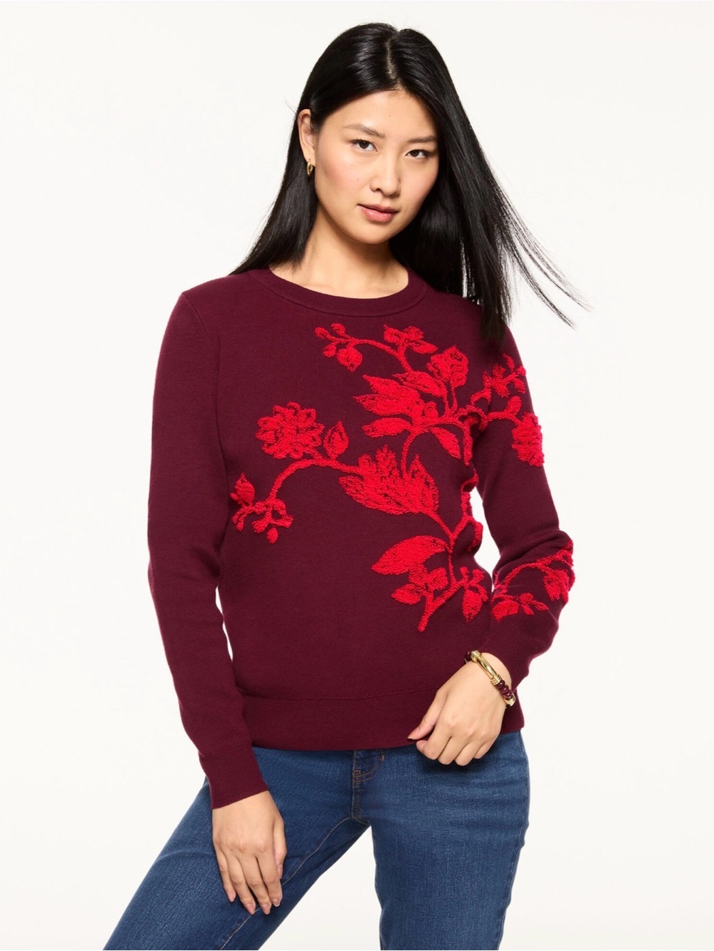 Gorgeous Talbots Burgundy Crewneck Sweater with Red Floral Motif